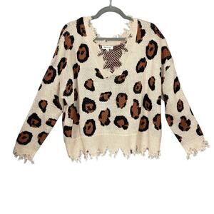 Miracle Oversized Distressed Sweater Cream w/ Brown & Black Leopard Print